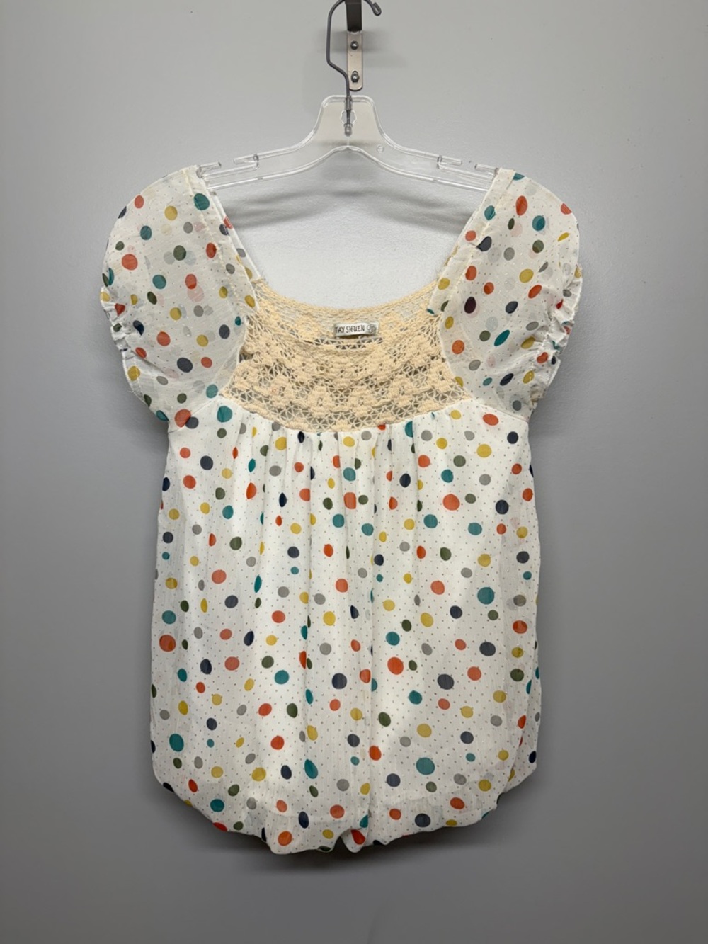 Cream Crochet Embroidery & Rainbow Glitter Polka Dot Cotton Bubble Hem Top